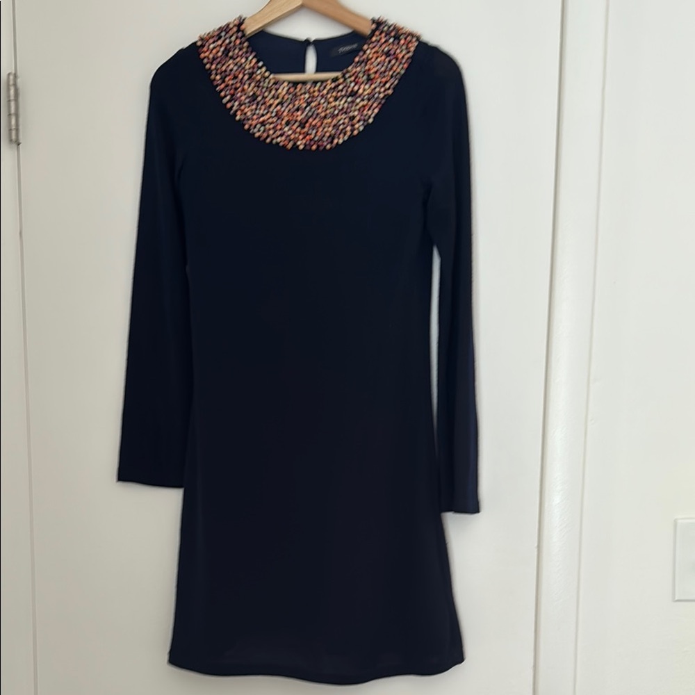 Elegant Blue Dress with Beaded Neckline